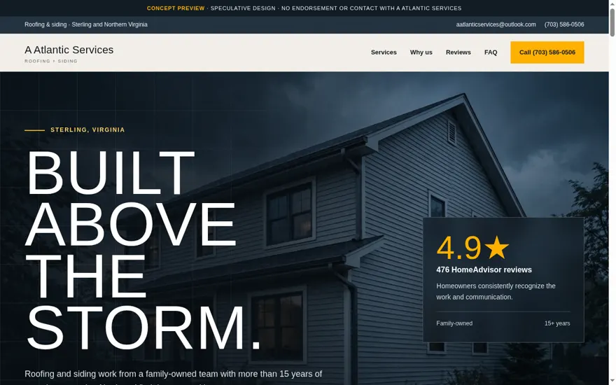 A Atlantic Services website concept — roofing and siding in Sterling, VA