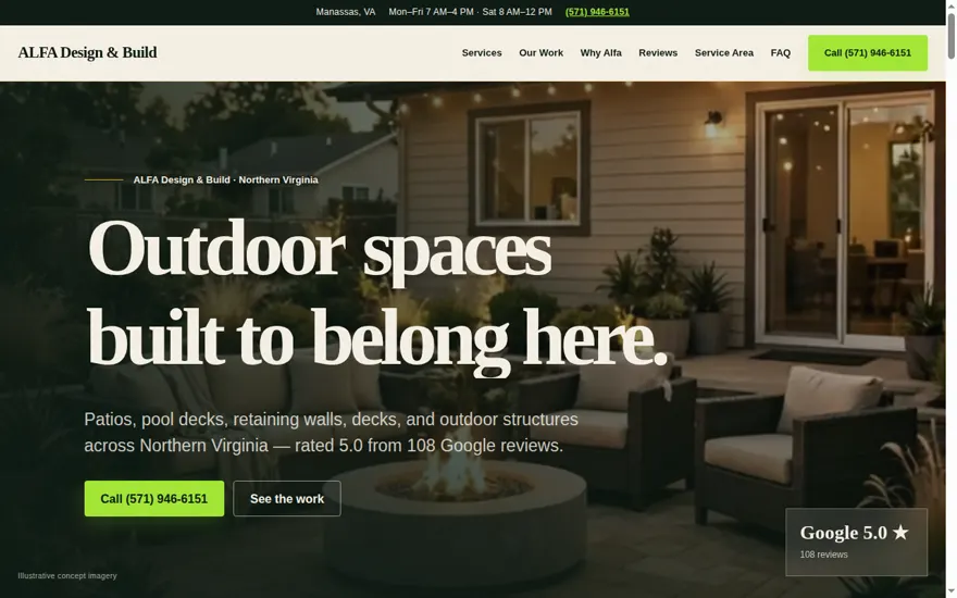 ALFA Design and Build website concept — outdoor living in Northern Virginia