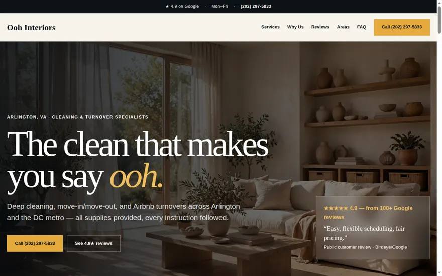 Ooh Interiors website concept — Arlington cleaning and turnovers